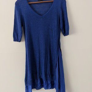 Eileen Fisher blue linen silk Asymmetrical Hem blouse 3/4 sleeve v-neck size XS